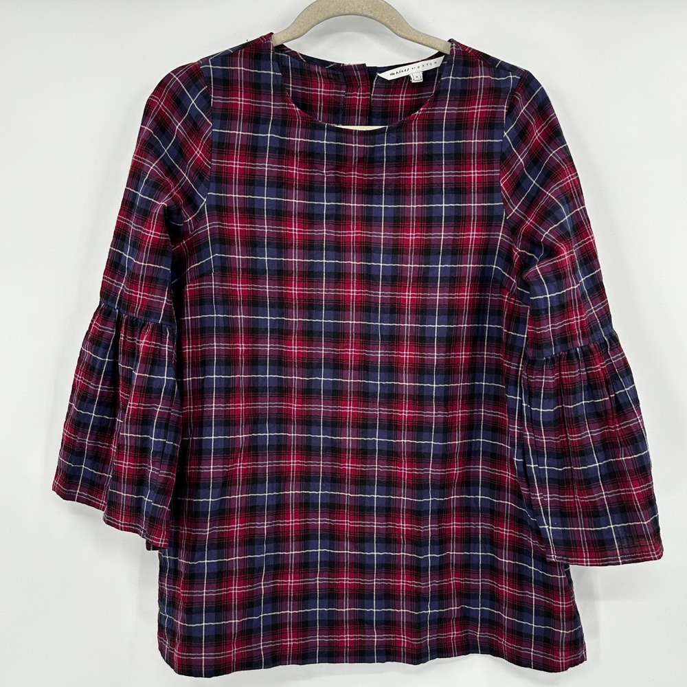 The Nines by Hatch Red Blue Plaid Bell Sleeve Button Back Tunic Top Medium